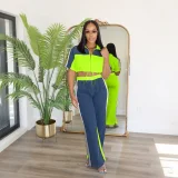 Denim Patchwork Color Zipper Top Wide Leg Pants Set QYMF-3074
