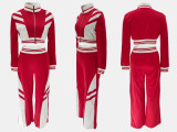 High Collar Zipper Patchwork Two Piece Pants Set QYMF-3066