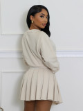 Long Sleeve Solid Color Pleated Mini Dress QYMF-3071