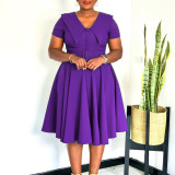 Plus Size Solid Color Short Sleeve Midi Dress GATE-588