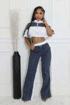 Denim Patchwork Color Zipper Top Wide Leg Pants Set QYMF-3074