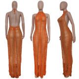Solid Knitted Halter Hollow Out Maxi Dress TR-1150