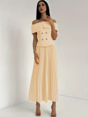 Off Shoulder Tops Pleated Long Skirts 2 Piece Set QYMF-3247