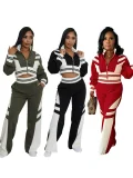 High Collar Zipper Patchwork Two Piece Pants Set QYMF-3066