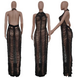 Solid Knitted Halter Hollow Out Maxi Dress TR-1150