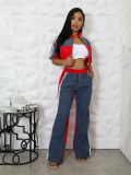 Denim Patchwork Color Zipper Top Wide Leg Pants Set QYMF-3074