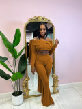 Solid Color Off Shoulder Long Sleeve Pants Suit QYMF-3246