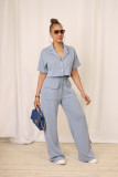 Solid Color Short Sleeve Shirt Two Piece Pants Set QYMF-3157
