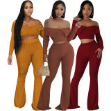 Solid Color Off Shoulder Long Sleeve Pants Suit QYMF-3246