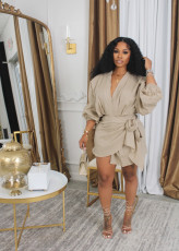 Solid Color Pleated V Neck Mini Dress QYMF-3058