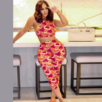 Contrast Color Print Halterneck Tops Pants Suit GSLF-K25S74478