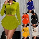 Solid Color Zipper Ruffles Two Piece Skirts Set QYMF-3086