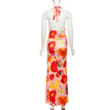 Halterneck Print Backless Split Long Skirt Suit GSLF-K25S73034