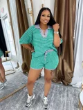 V Neck Stripe Knits Tops Shorts Suit QYMF-3090