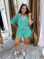 V Neck Stripe Knits Tops Shorts Suit QYMF-3090
