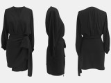 Solid Color Pleated V Neck Mini Dress QYMF-3058