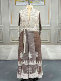 Pleated Long Sleeve Print Long Coat GZRF-602