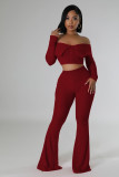 Solid Color Off Shoulder Long Sleeve Pants Suit QYMF-3246