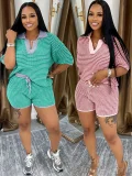 V Neck Stripe Knits Tops Shorts Suit QYMF-3090