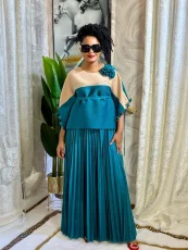 Color Block Half Sleeve Long Skirt Pleated Suit  GZRF-25306