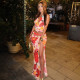 Halterneck Print Backless Split Long Skirt Suit GSLF-K25S73034