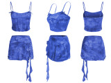 Mesh Print Sling Vest Irregular Skirt 2 Piece Set QYMF-7046