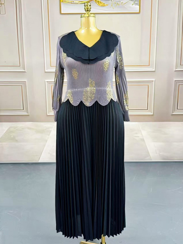 Fashion Pleated Color Block Long Dress GZRF-250327