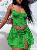 Mesh Print Sling Vest Irregular Skirt 2 Piece Set QYMF-7046