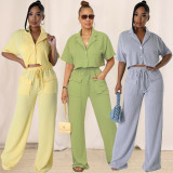 Solid Color Short Sleeve Shirt Two Piece Pants Set QYMF-3157