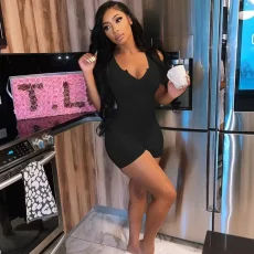 Solid Color Knits V Neck Slim Romper QYMF-3134