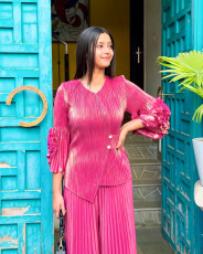 Fashion Press Pleated Petal Sleeve Pants Suit GZRF-HY-688