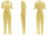Solid Color Short Sleeve Shirt Two Piece Pants Set QYMF-3157