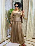 Color Block Half Sleeve Long Skirt Pleated Suit  GZRF-25306