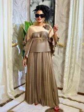 Color Block Half Sleeve Long Skirt Pleated Suit  GZRF-25306