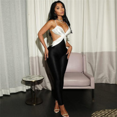Contrast Color Backless Tight Jumpsuit GSLF-K25Q73474