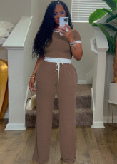 Rib Contrast Color Short Sleeve Pants Suit QYMF-3152