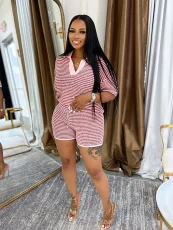 V Neck Stripe Knits Tops Shorts Suit QYMF-3090