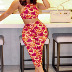 Contrast Color Print Halterneck Tops Pants Suit GSLF-K25S74478