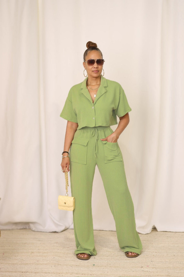 Solid Color Short Sleeve Shirt Two Piece Pants Set QYMF-3157