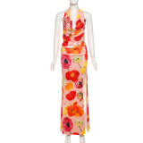 Halterneck Print Backless Split Long Skirt Suit GSLF-K25S73034
