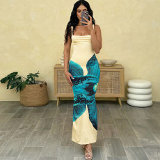 Sexy Backless Print Sling Maxi Dress GSLF-K25D70669