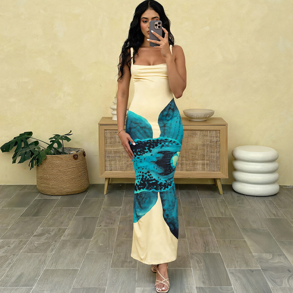 Sexy Backless Print Sling Maxi Dress GSLF-K25D70669