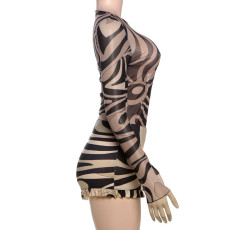 Mesh Print Long Sleeve Two Piece Shorts Set GSLF-K25S74863