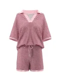 V Neck Stripe Knits Tops Shorts Suit QYMF-3090