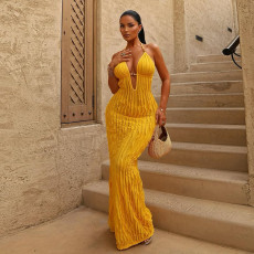 Pleated Halterneck Deep V Neck Maxi Dress GSLF-K25D71887