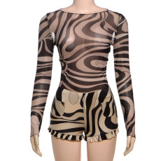 Mesh Print Long Sleeve Two Piece Shorts Set GSLF-K25S74863