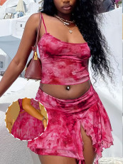Mesh Print Sling Vest Irregular Skirt 2 Piece Set QYMF-7046