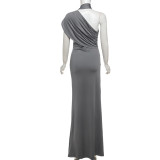 Halterneck Slash Shoulder Slim Maxi Dress GSLF-K25D66590