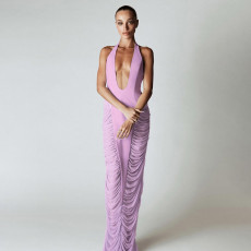 Deep V Neck Halterneck Mesh Pleated Maxi Dress GSLF-K25D70984