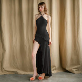 Solid Color Halterneck Tie Up Split Maxi Dress GSLF-K24D64466